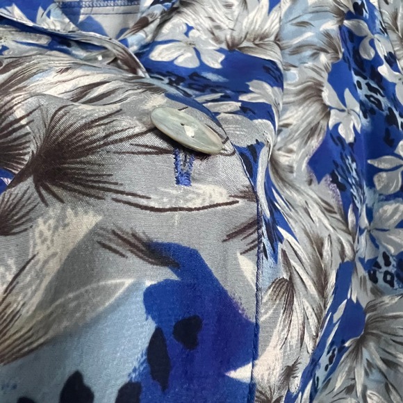 FU DA 100% Silk Size PL Button Up‎ Short Sleeve Blouse Top Blue Hawaiian Floral - Picture 7 of 14